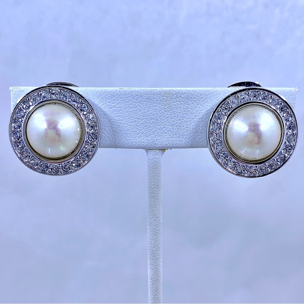 Vintage Christian Dior Pearl And  Rhinestone Clip Earrings